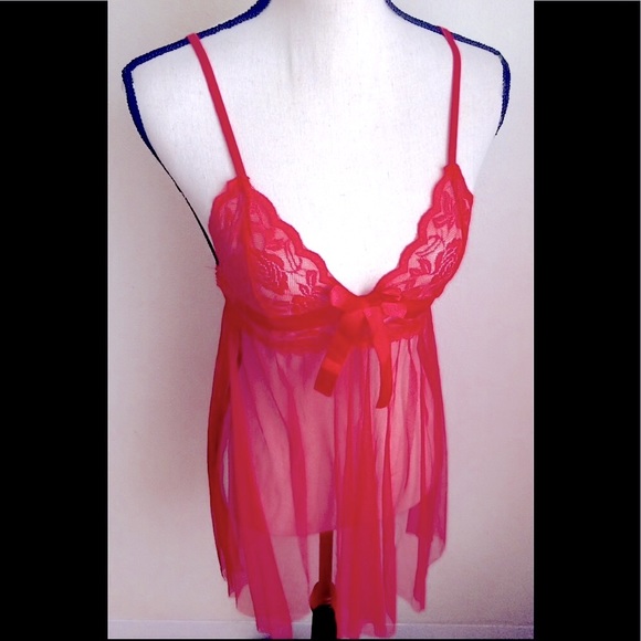 Red Lace Sheer Lingerie Dress: Mesh Chemise w/ Thong: Empire Wst, Bow Tie, Sz. S - Picture 5 of 5